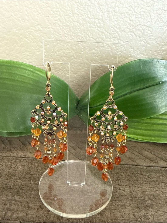 Jewelry - Gold-tone Orange Beaded Chandelier Earrings